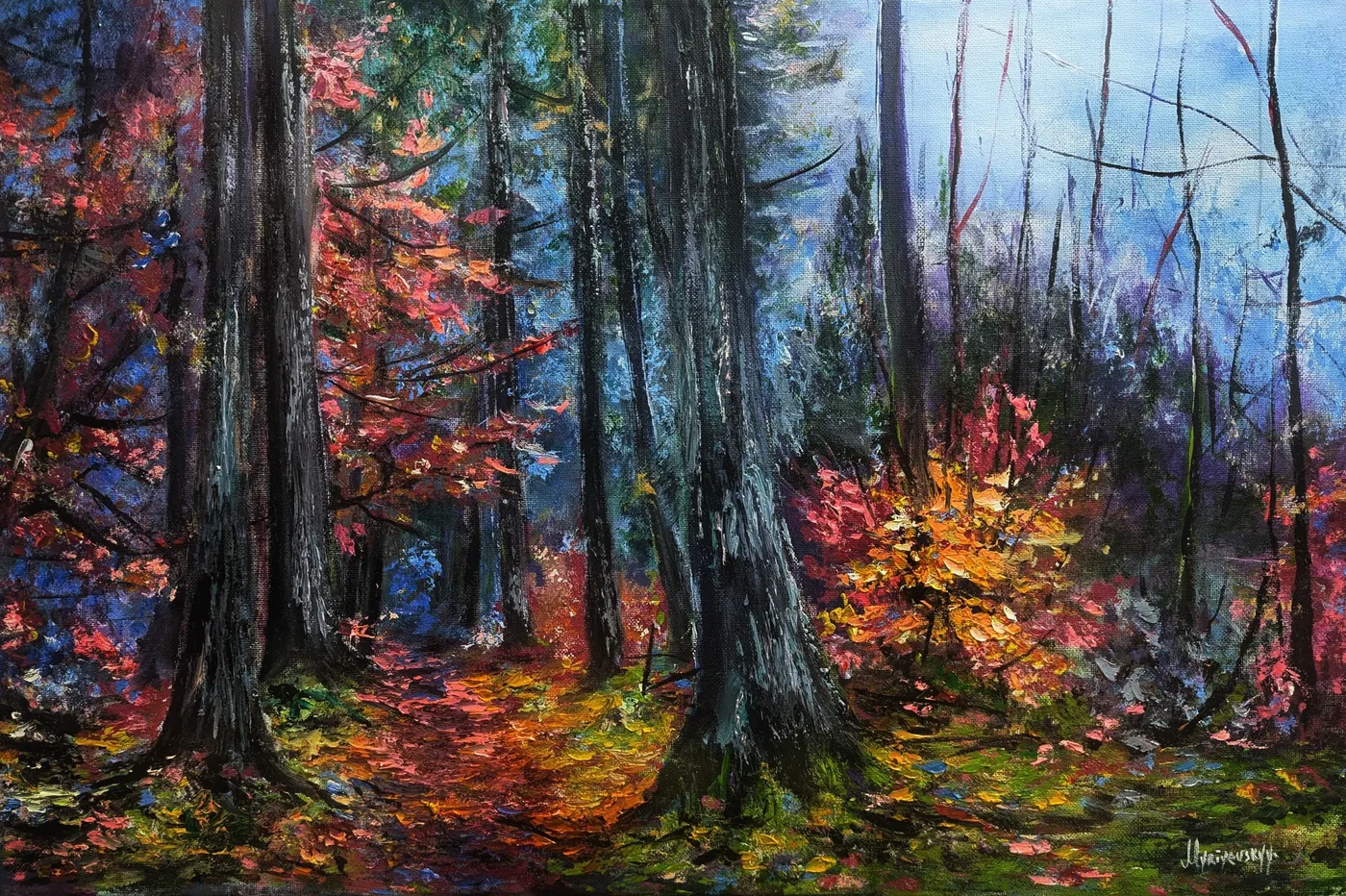 Enchanted Dark Forest — original impressionist oil painting by Volodymyr Myriyevskyy, 60 × 40 cm (24″ × 16″)