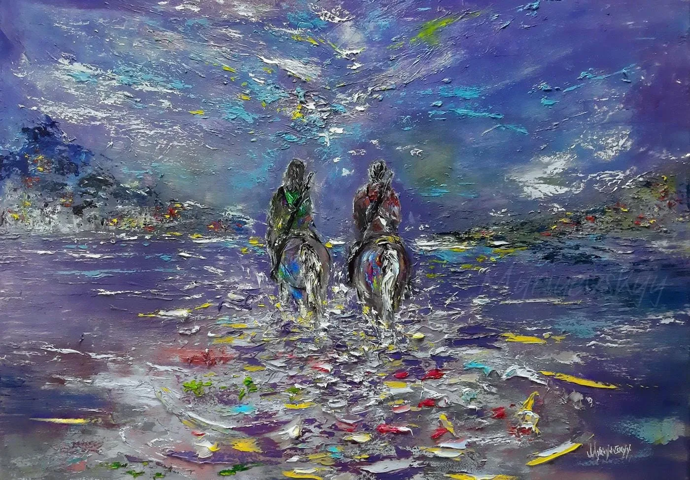 Riding a horse — original impressionist oil painting by Volodymyr Myriyevskyy, 70 × 50 cm (28″ × 20″)