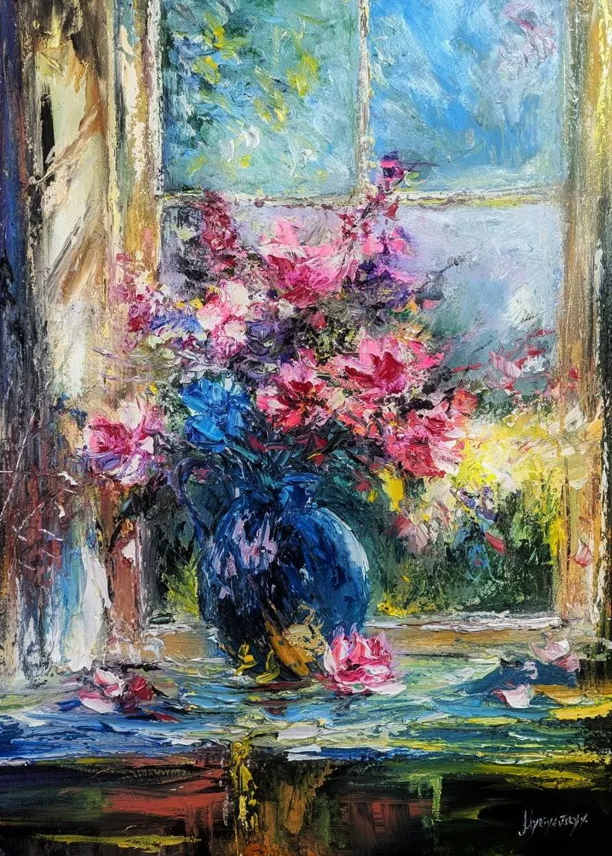 Peonies by the Window — original impressionist oil painting by Volodymyr Myriyevskyy, 50 × 70 cm (20″ × 28″)