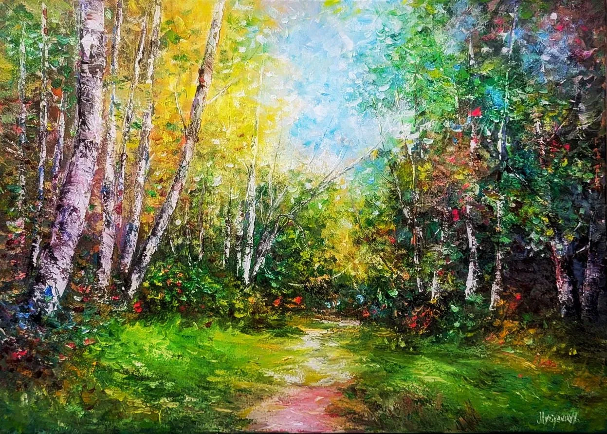 Sunny forest — original impressionist oil painting by Volodymyr Myriyevskyy, 70 × 50 cm (28″ × 20″)