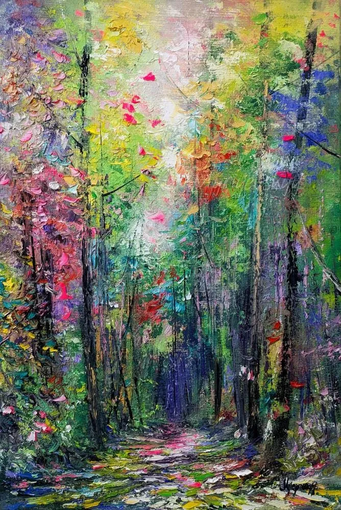 Deep Forest Path — original impressionist oil painting by Volodymyr Myriyevskyy, 40 × 60 cm (16″ × 24″)