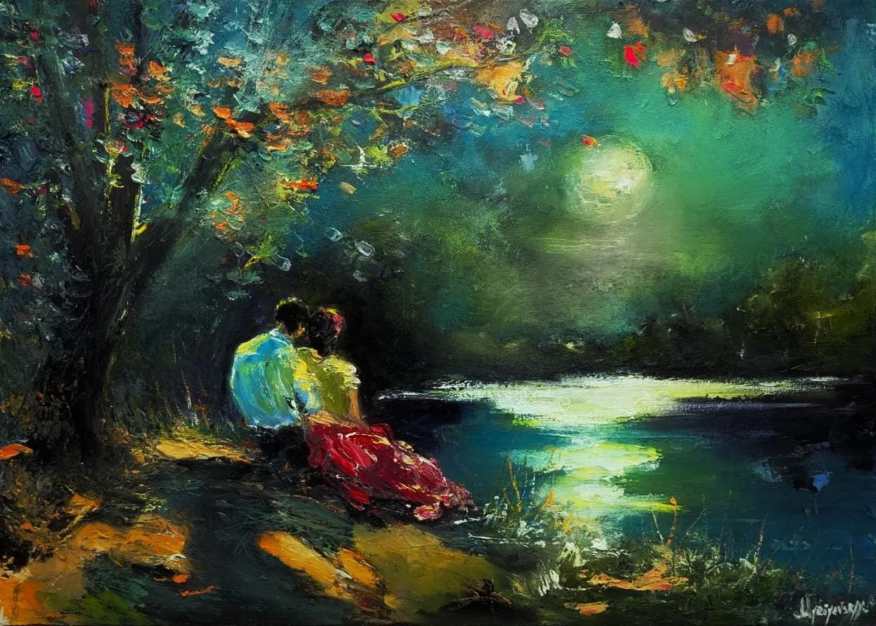 Couple under the moon — original impressionist oil painting by Volodymyr Myriyevskyy, 70 × 50 cm (28″ × 20″)