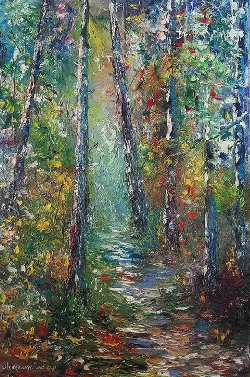 Forest path — original impressionist oil painting by Volodymyr Myriyevskyy, 40 × 60 cm (16″ × 24″)