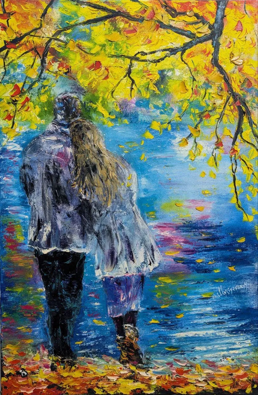 Couple standing by the lake — original impressionist oil painting by Volodymyr Myriyevskyy, 40 × 60 cm (16″ × 24″)