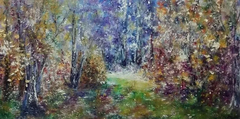 Enchanted autumn — original impressionist oil painting by Volodymyr Myriyevskyy, 80 × 40 cm (31″ × 16″)
