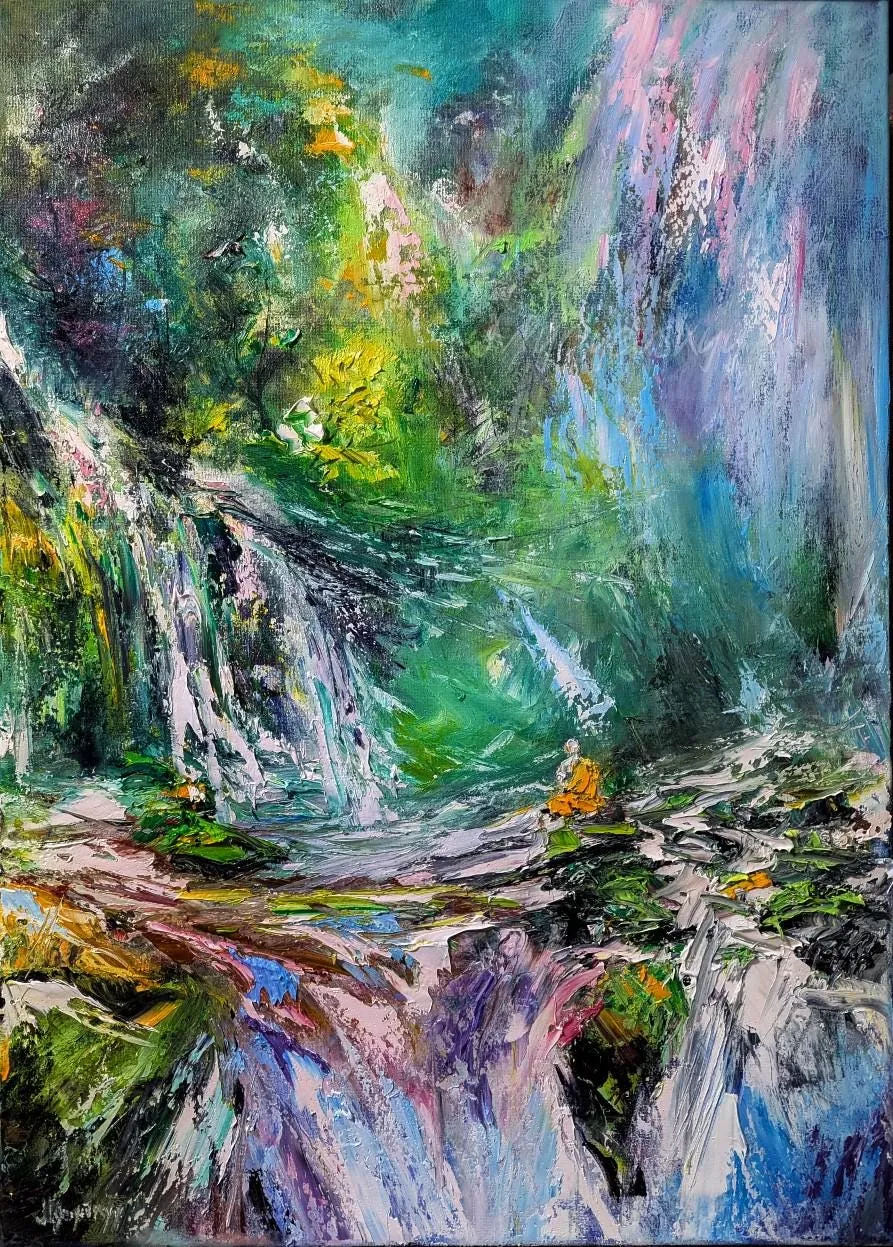 Meditation by the Waterfall Light — original impressionist oil painting by Volodymyr Myriyevskyy, 50 × 70 cm (20″ × 28″)
