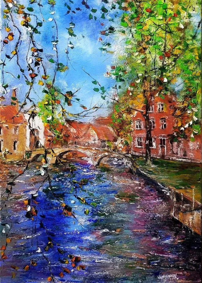 Old Bridge in Bruges — original impressionist oil painting by Volodymyr Myriyevskyy, 50 × 70 cm (20″ × 28″)