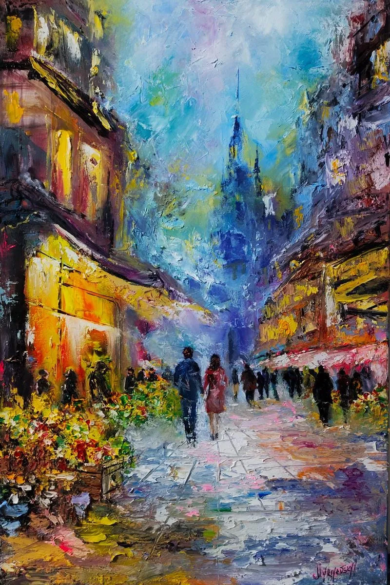 Couple on the Flower Street — original impressionist oil painting by Volodymyr Myriyevskyy, 40 × 60 cm (16″ × 24″)