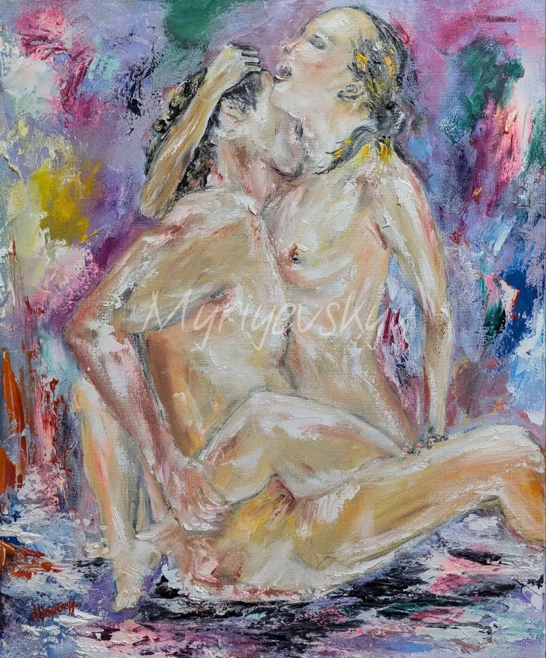Couple in Love — original impressionist oil painting by Volodymyr Myriyevskyy, 50 × 60 cm (20″ × 24″)