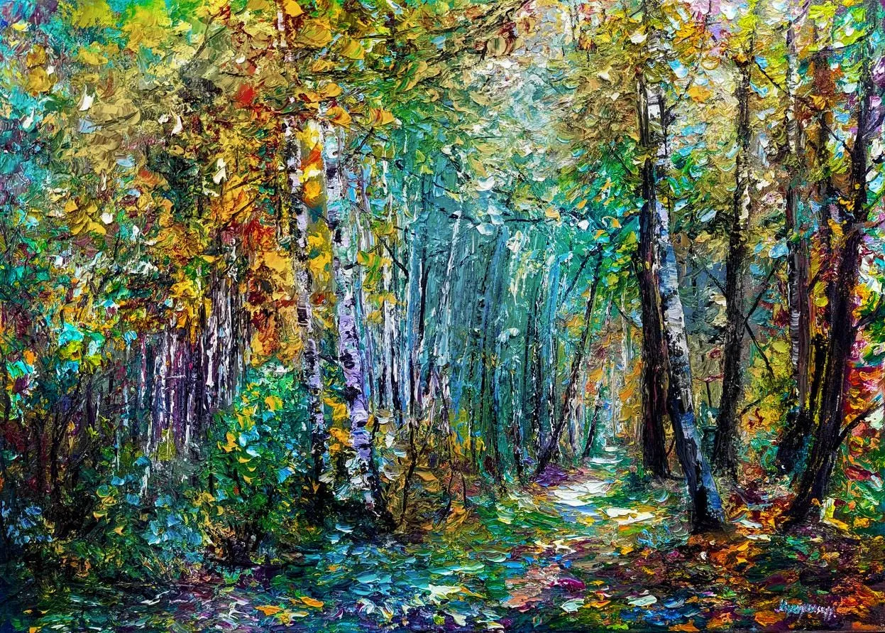 Enchanted Forest, Winding Path — original impressionist oil painting by Volodymyr Myriyevskyy, 70 × 50 cm (28″ × 20″)