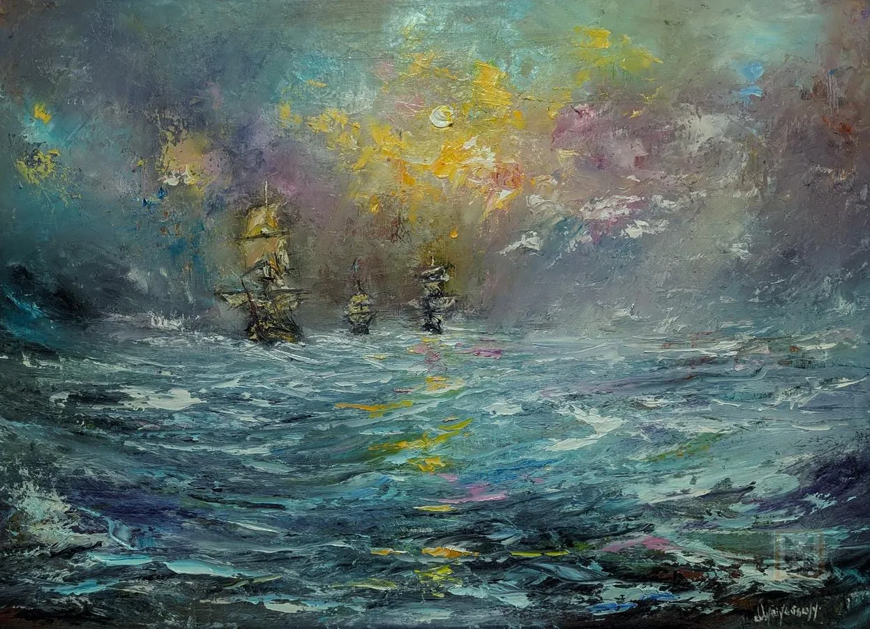 Stormy Sea — original impressionist oil painting by Volodymyr Myriyevskyy, 70 × 50 cm (28″ × 20″)