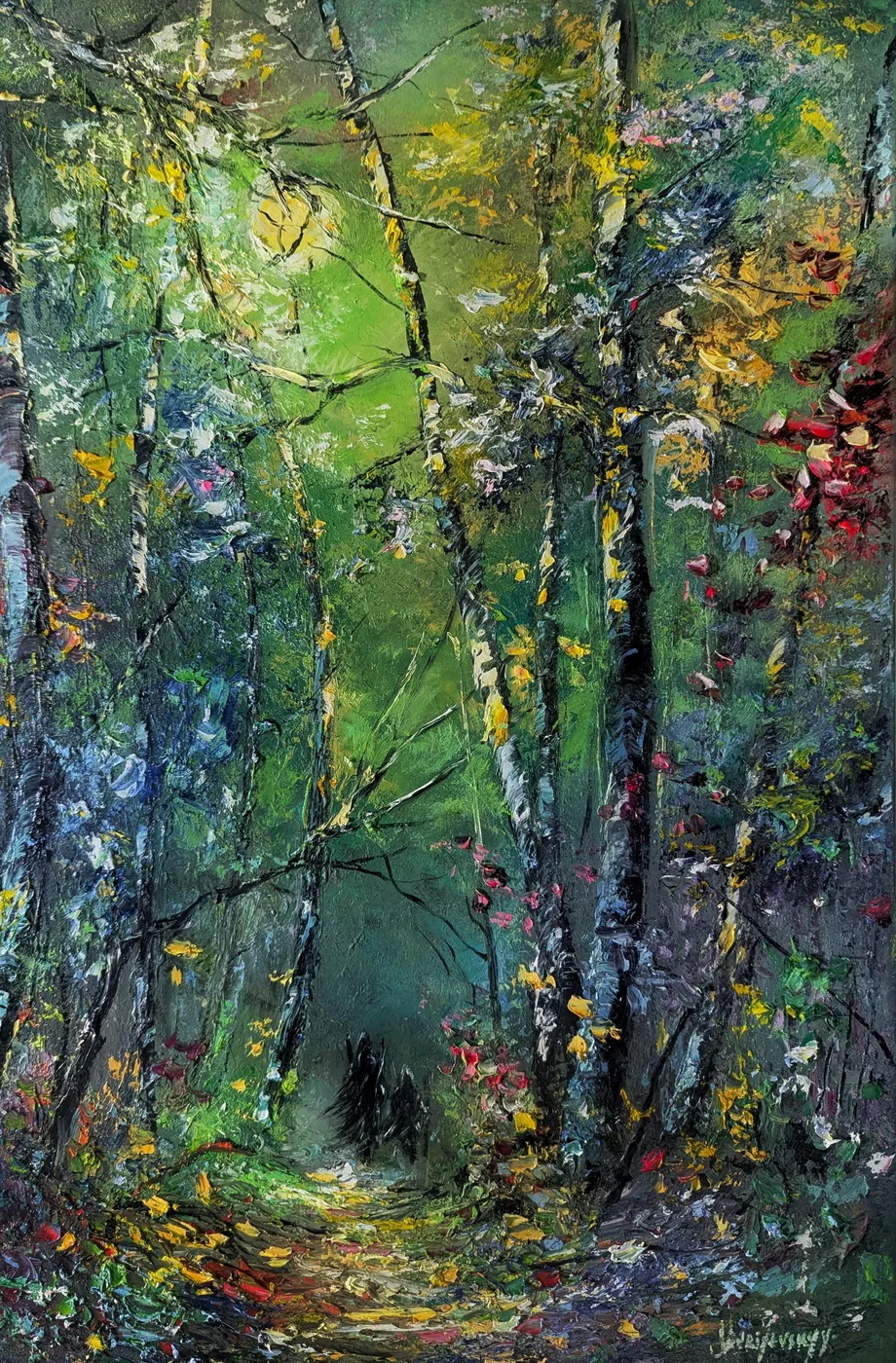 Mystical Forest Wanderers — original impressionist oil painting by Volodymyr Myriyevskyy, 40 × 60 cm (16″ × 24″)