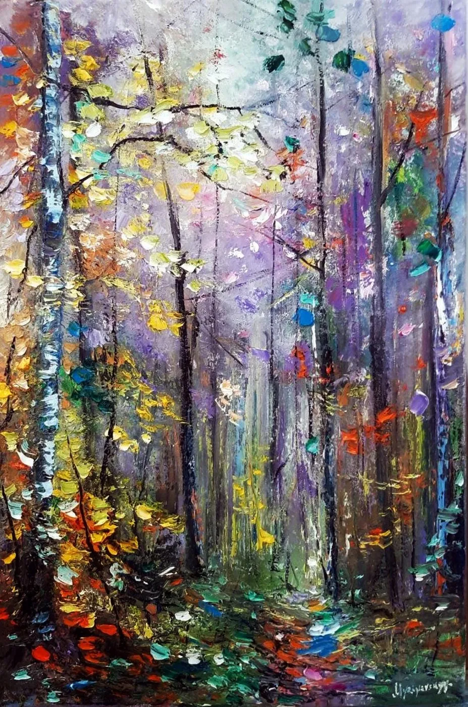 Sunlit autumn forest — original impressionist oil painting by Volodymyr Myriyevskyy, 40 × 60 cm (16″ × 24″)