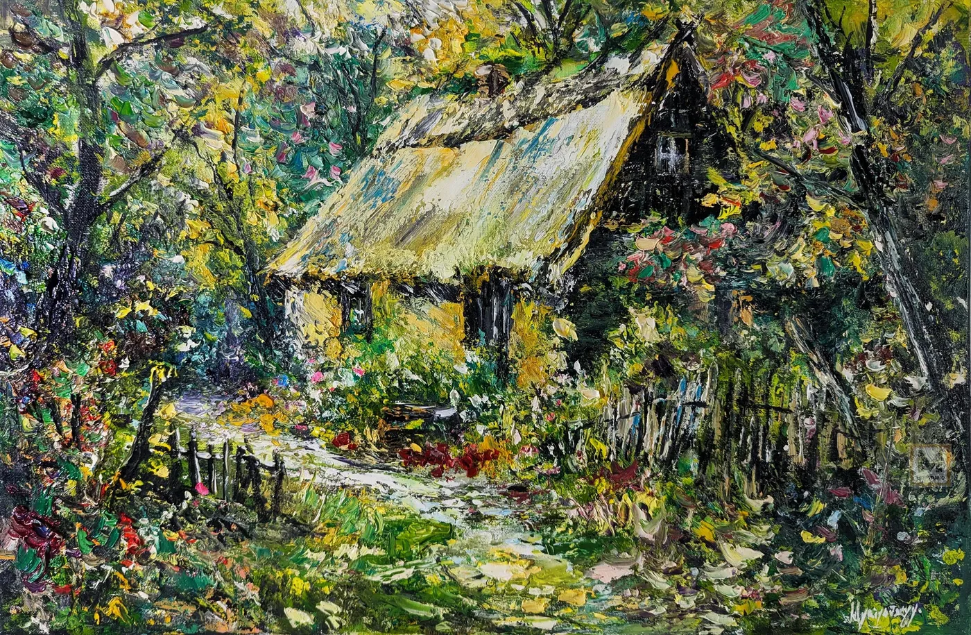 Afternoon Garden — original impressionist oil painting by Volodymyr Myriyevskyy, 60 × 40 cm (24″ × 16″)