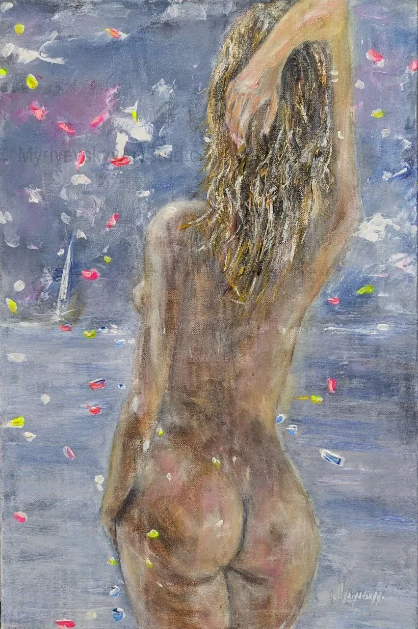 Nude and sea — original impressionist oil painting by Volodymyr Myriyevskyy, 40 × 60 cm (16″ × 24″)