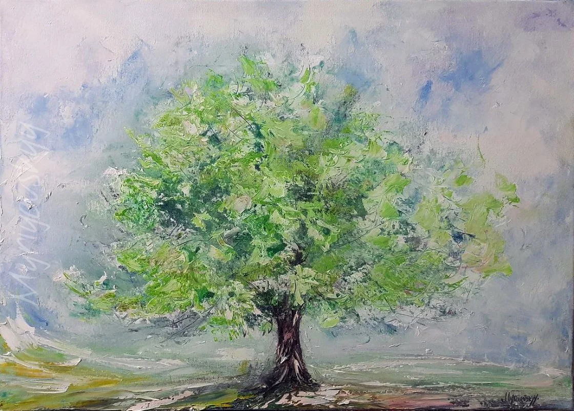 Large green tree — original impressionist oil painting by Volodymyr Myriyevskyy, 70 × 50 cm (28″ × 20″)