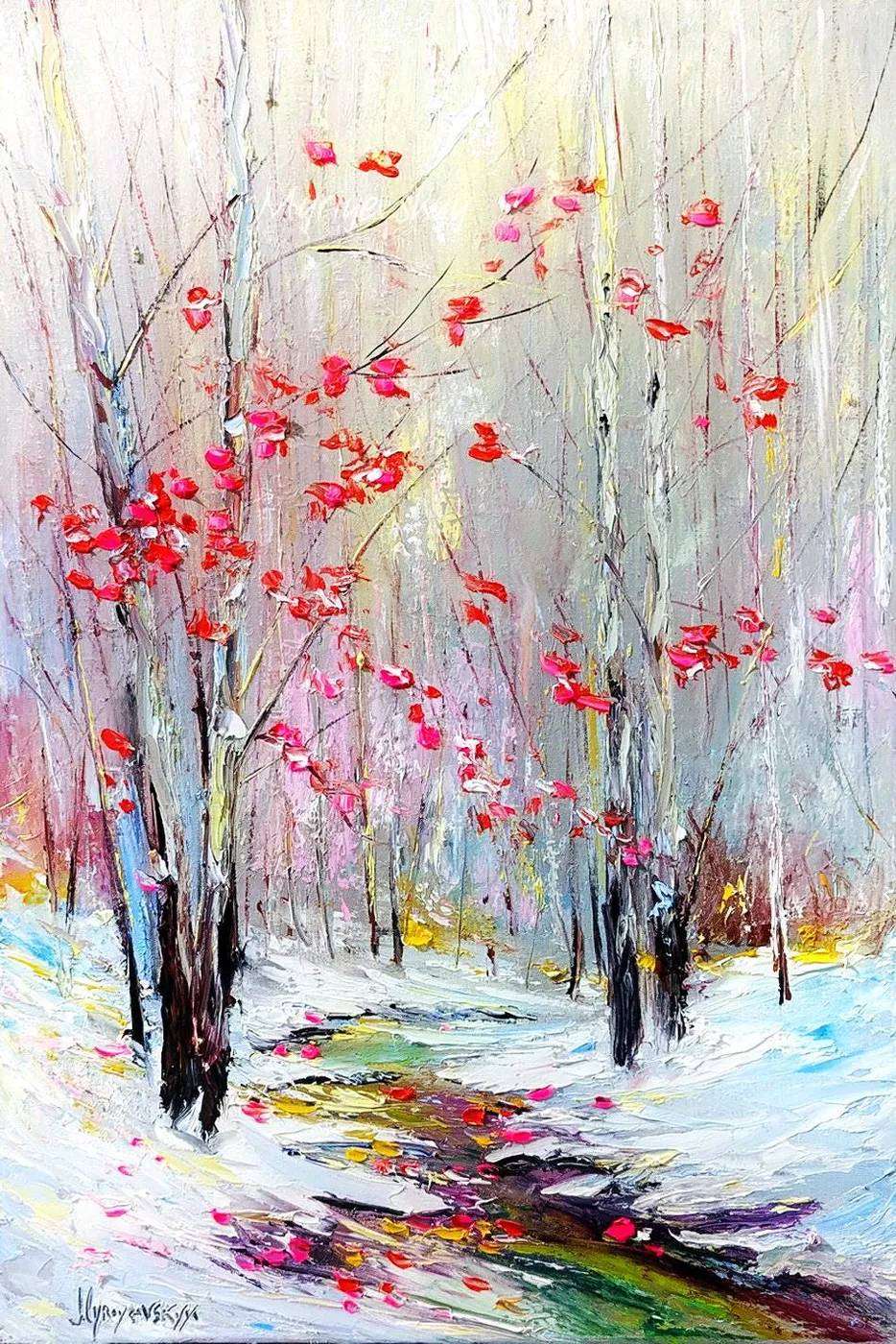 Winter forest stream — original impressionist oil painting by Volodymyr Myriyevskyy, 40 × 60 cm (16″ × 24″)