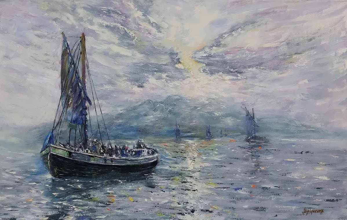 Sails in the Mist — original impressionist oil painting by Volodymyr Myriyevskyy, 80 × 50 cm (31″ × 20″)