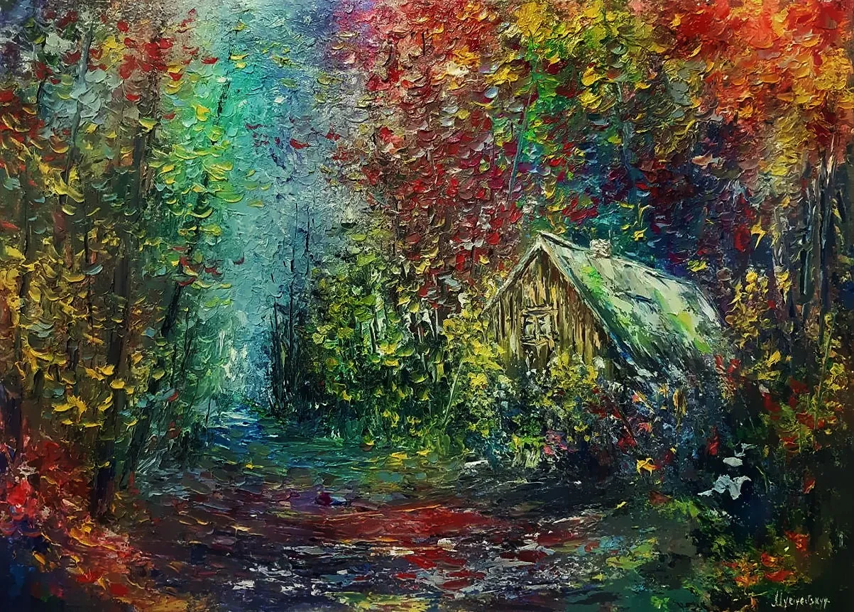 Early Autumn Forest Cottage — original impressionist oil painting by Volodymyr Myriyevskyy, 70 × 50 cm (28″ × 20″)
