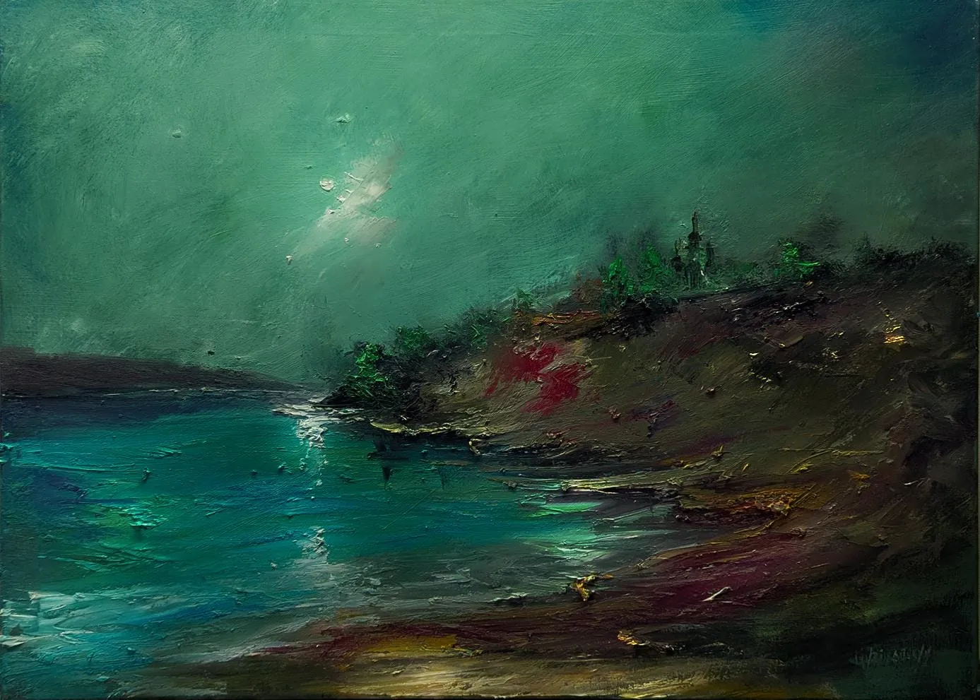 River Night — original impressionist oil painting by Volodymyr Myriyevskyy, 70 × 50 cm (28″ × 20″)