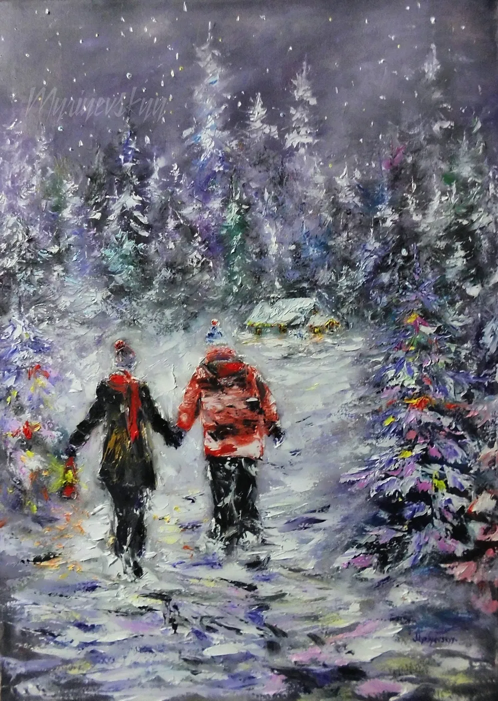 Christmas Tale — original impressionist oil painting by Volodymyr Myriyevskyy, 50 × 70 cm (20″ × 28″)