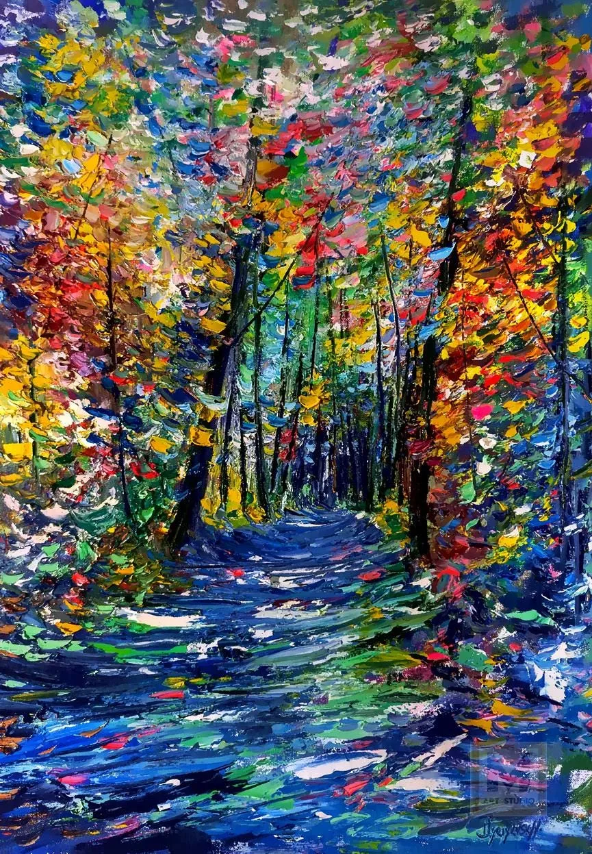 Shadows on the Forest Path — original impressionist oil painting by Volodymyr Myriyevskyy, 50 × 70 cm (20″ × 28″)