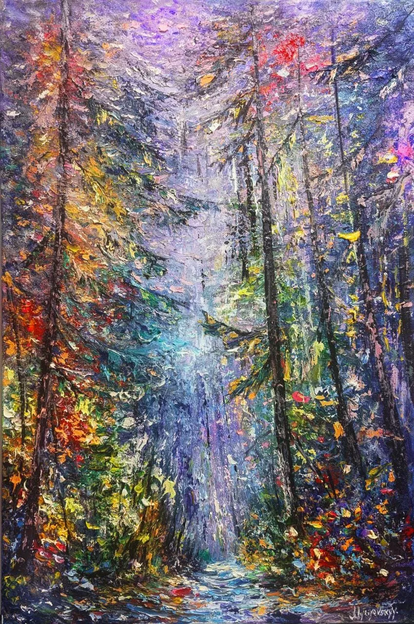 Forest of Dreams in Violet Light — original impressionist oil painting by Volodymyr Myriyevskyy, 40 × 60 cm (16″ × 24″)
