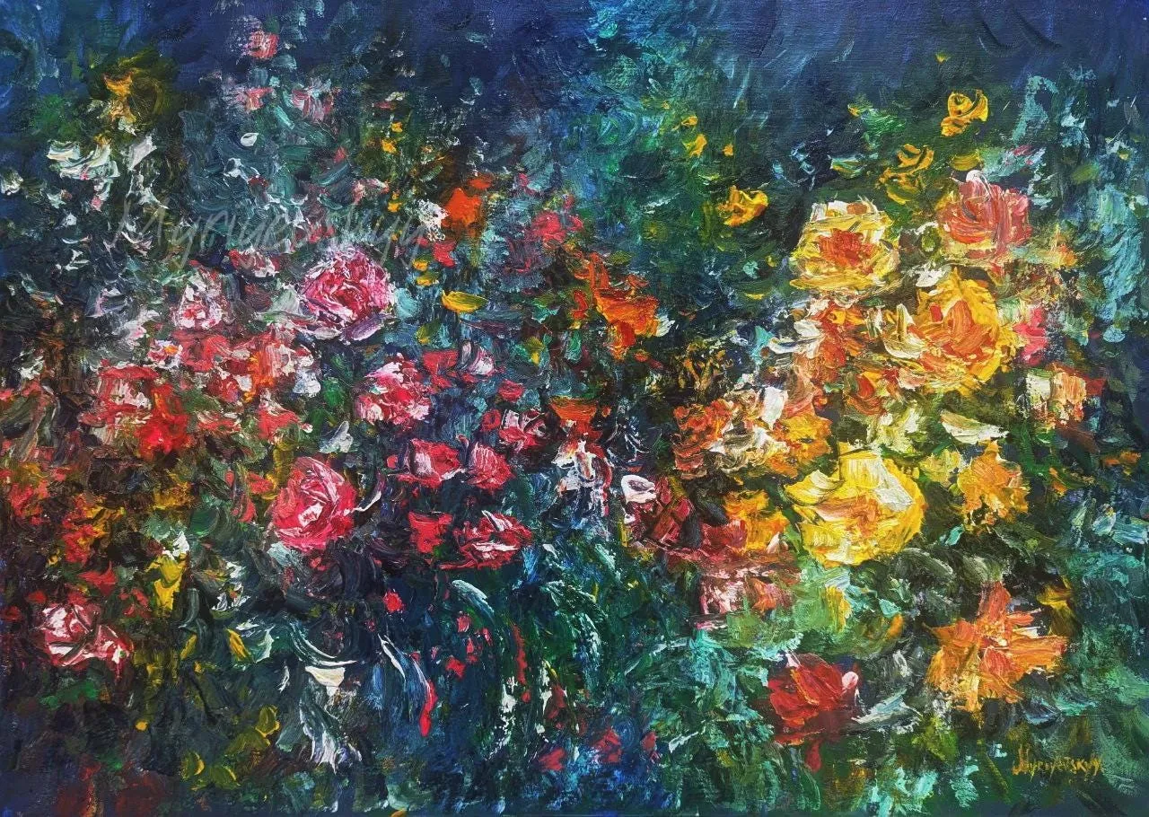Close view of thick palette-knife oil paint on canvas, the texture that no print can reproduce