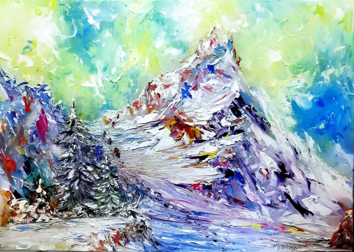 Mountain climbers — original impressionist oil painting by Volodymyr Myriyevskyy, 70 × 50 cm (28″ × 20″)