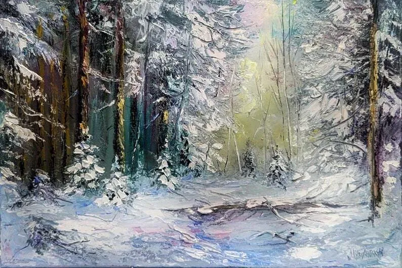 Winter Light Through the Pines — original impressionist oil painting by Volodymyr Myriyevskyy, 60 × 40 cm (24″ × 16″)