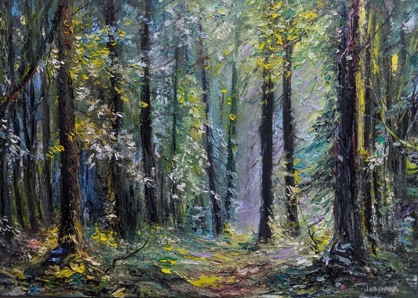 Deep forest — original impressionist oil painting by Volodymyr Myriyevskyy, 70 × 50 cm (28″ × 20″)