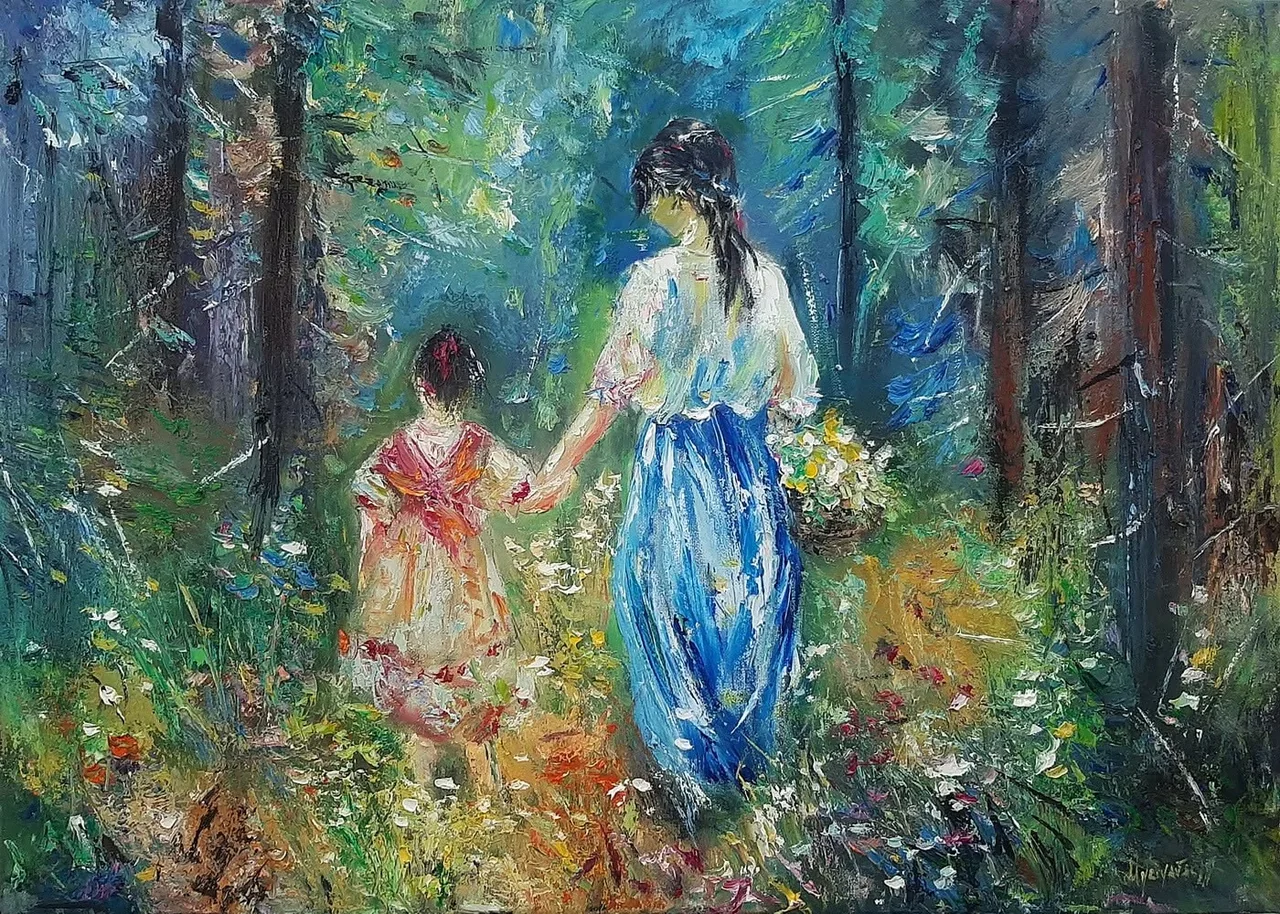 A Walk in the Summer Woods — original impressionist oil painting by Volodymyr Myriyevskyy, 70 × 50 cm (28″ × 20″)