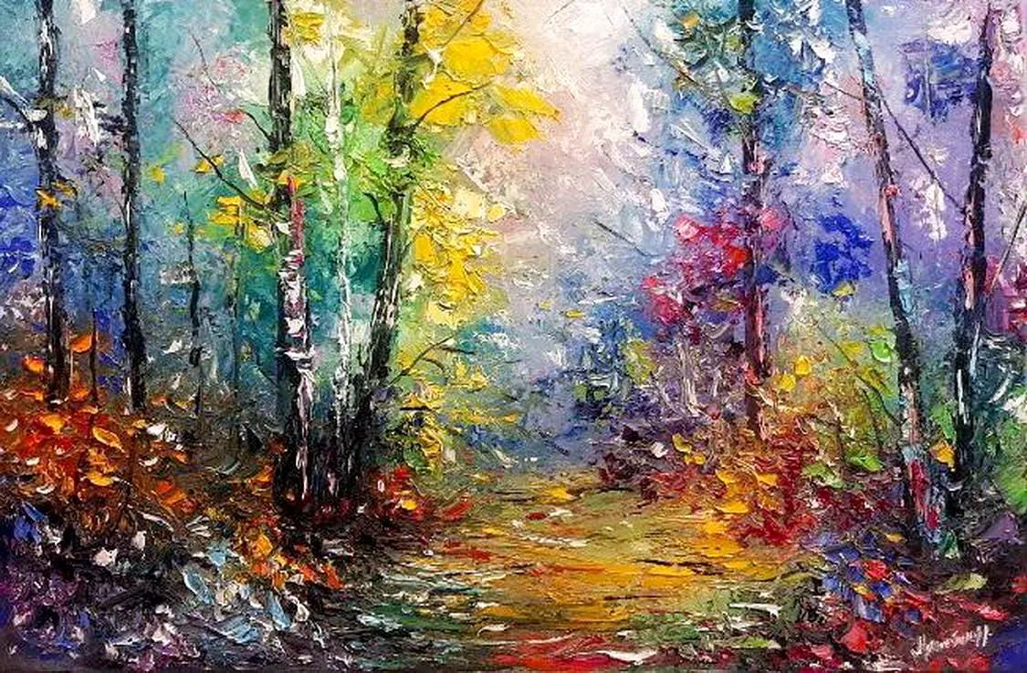Enchanted Forest Entrance — original impressionist oil painting by Volodymyr Myriyevskyy, 60 × 40 cm (24″ × 16″)