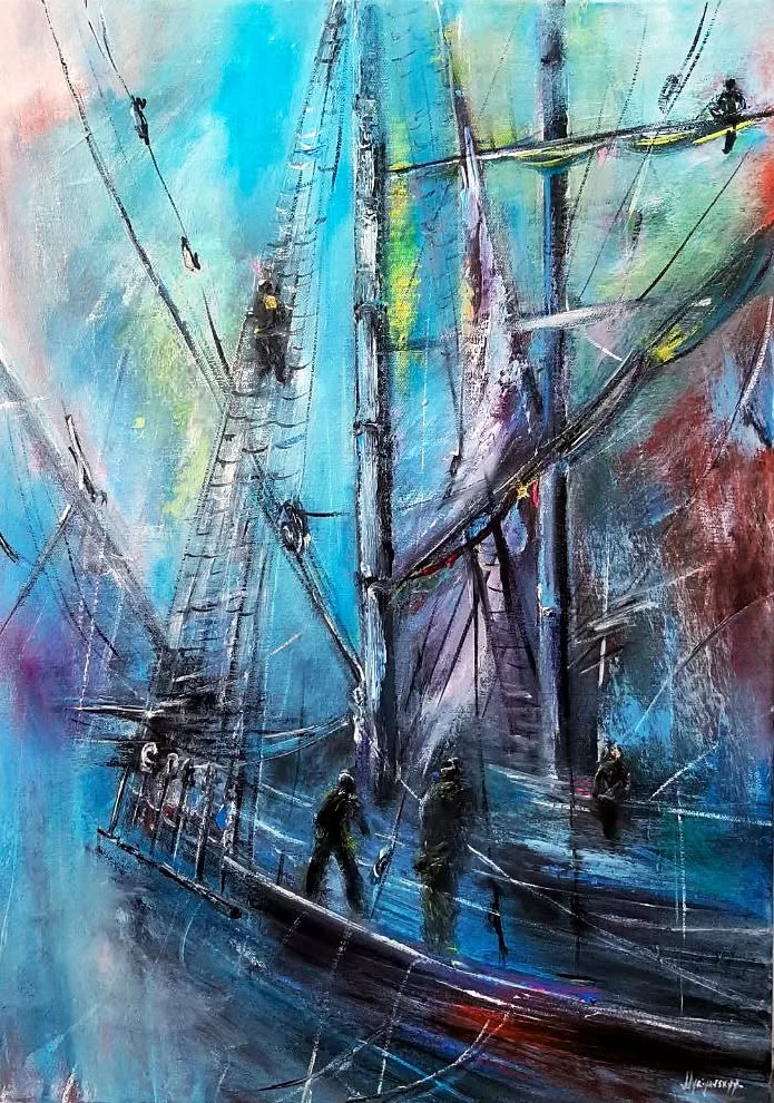 Men's work — original impressionist oil painting by Volodymyr Myriyevskyy, 50 × 70 cm (20″ × 28″)
