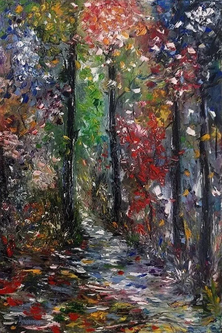 Forest of Dreams, Red Maples — original impressionist oil painting by Volodymyr Myriyevskyy, 40 × 60 cm (16″ × 24″)