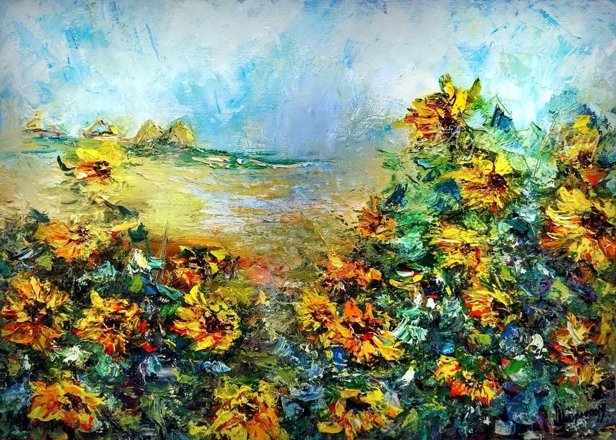 Sunflowers in the wind — original impressionist oil painting by Volodymyr Myriyevskyy, 70 × 50 cm (28″ × 20″)