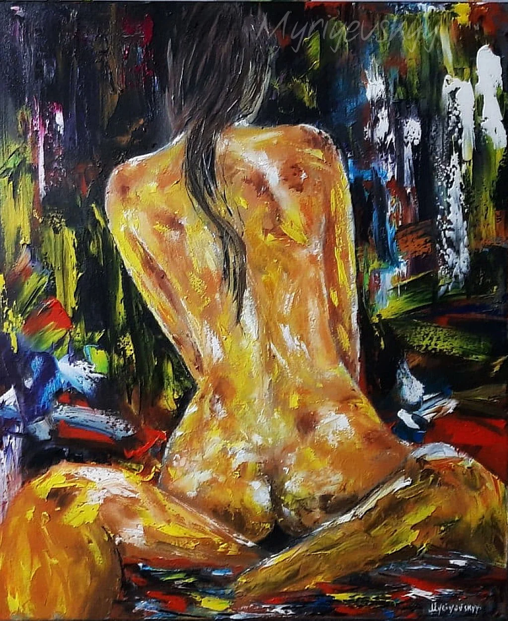 Erotic fantasy — original impressionist oil painting by Volodymyr Myriyevskyy, 50 × 60 cm (20″ × 24″)