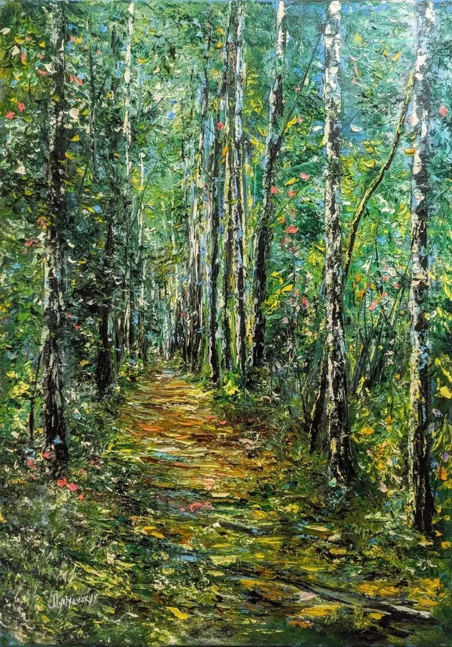 Birch Forest Path Green Light — original impressionist oil painting by Volodymyr Myriyevskyy, 50 × 70 cm (20″ × 28″)