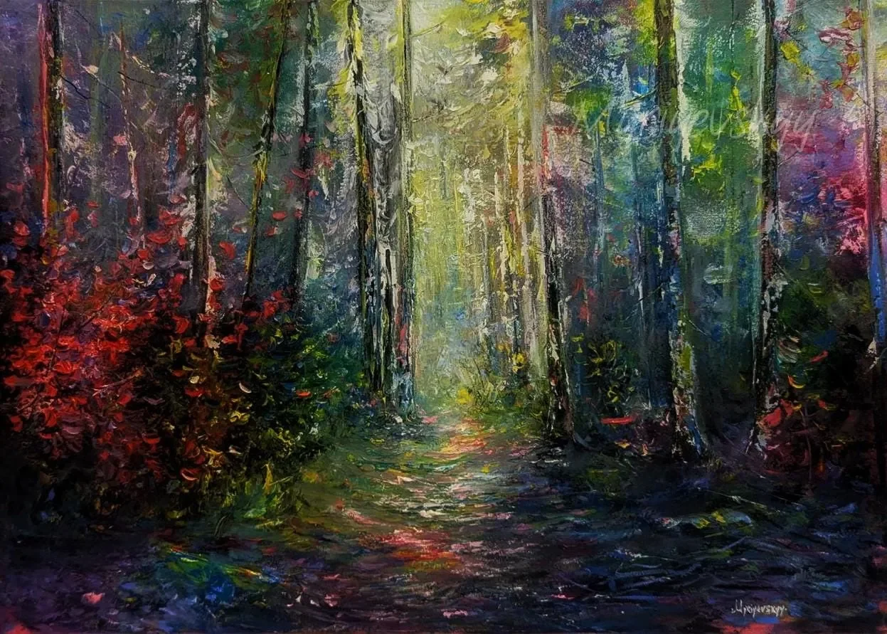 Mystical Forest Path in Sunlight — original impressionist oil painting by Volodymyr Myriyevskyy, 70 × 50 cm (28″ × 20″)