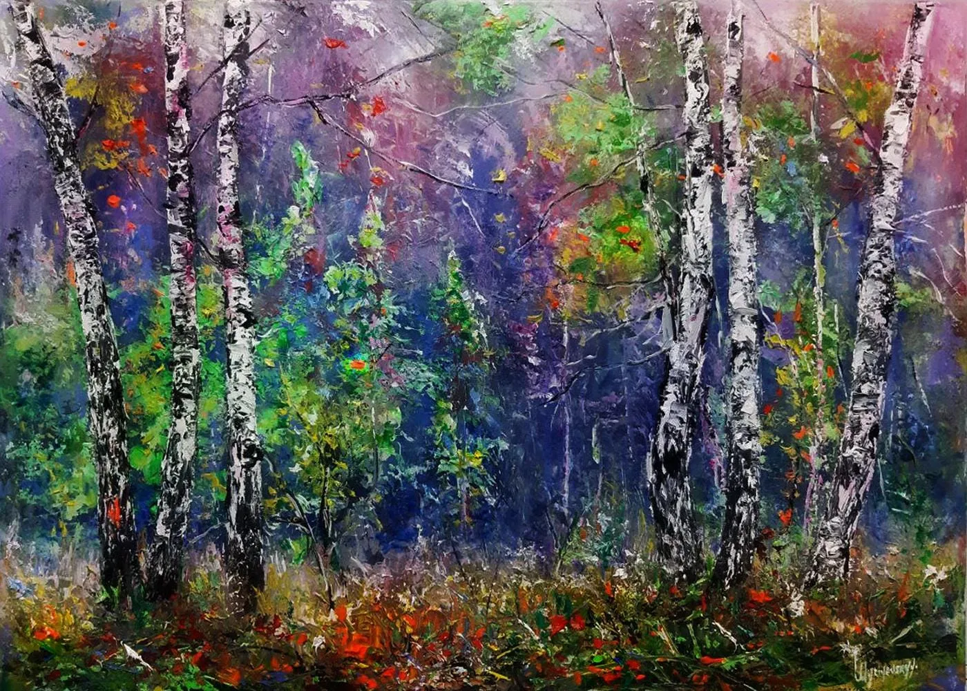 Magical Birch Forest — original impressionist oil painting by Volodymyr Myriyevskyy, 70 × 50 cm (28″ × 20″)
