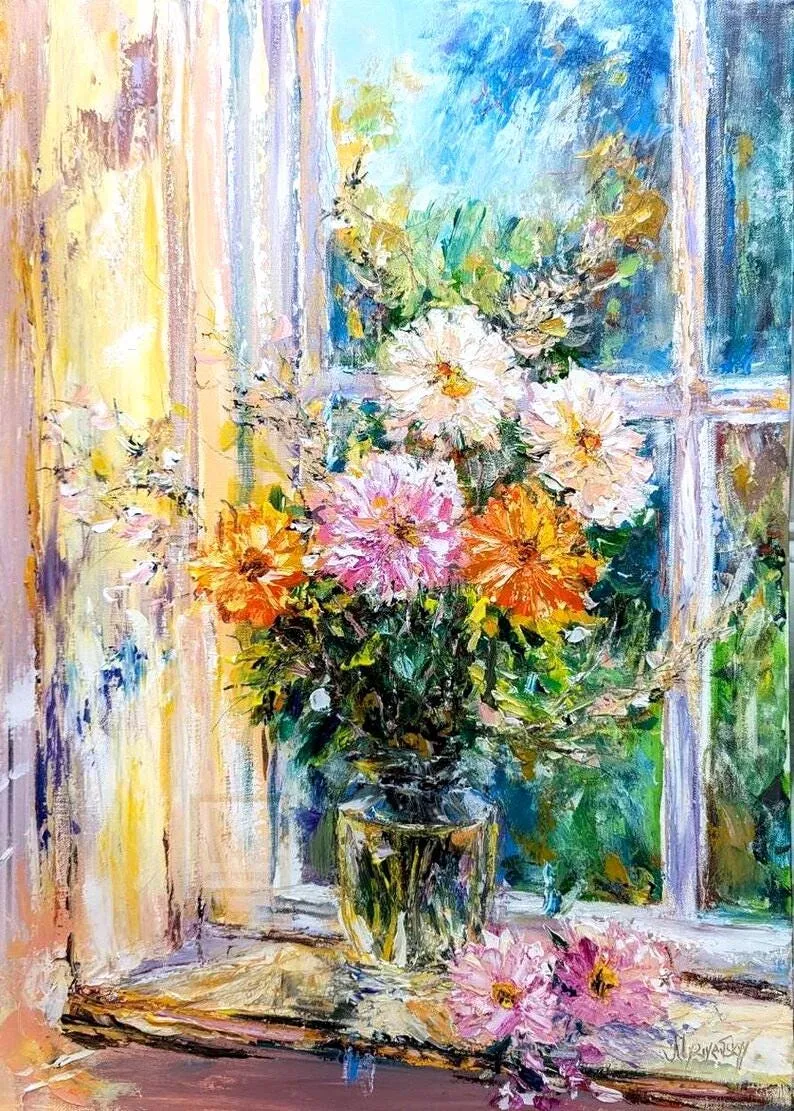 Flowers in Vase — original impressionist oil painting by Volodymyr Myriyevskyy, 50 × 70 cm (20″ × 28″)