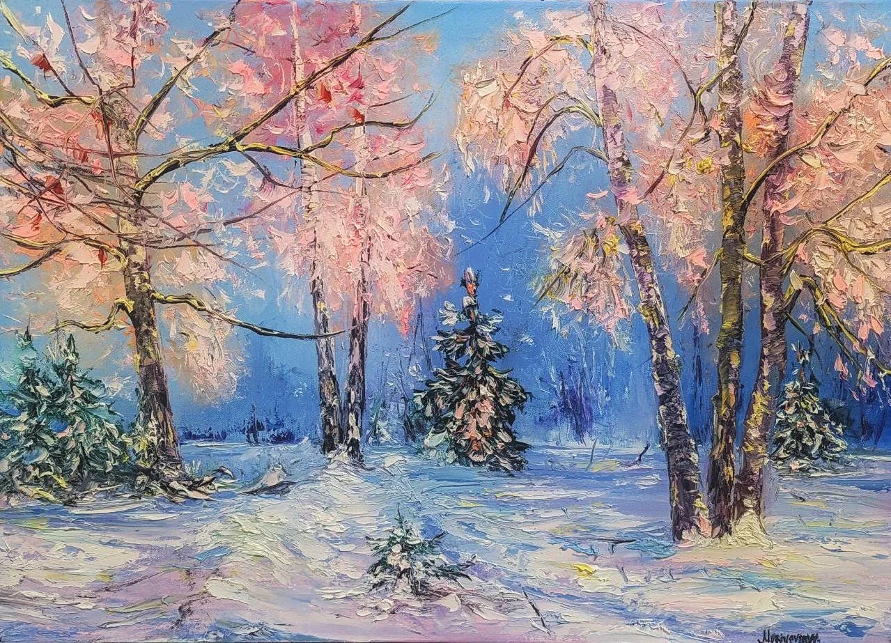 Frosty morning — original impressionist oil painting by Volodymyr Myriyevskyy, 70 × 50 cm (28″ × 20″)