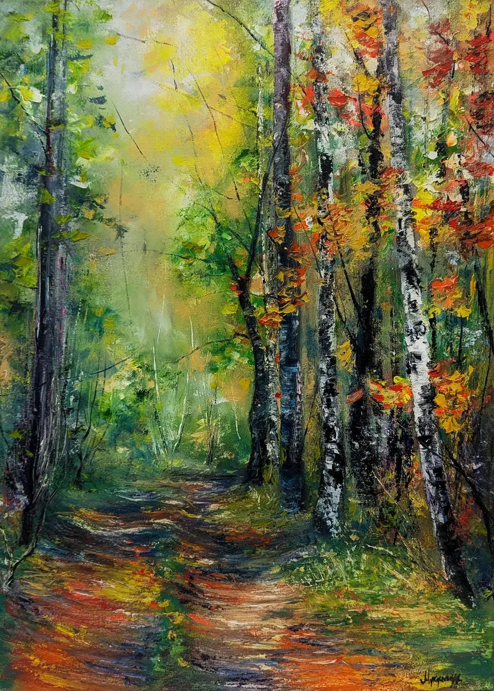 Road in birch forest — original impressionist oil painting by Volodymyr Myriyevskyy, 50 × 70 cm (20″ × 28″)