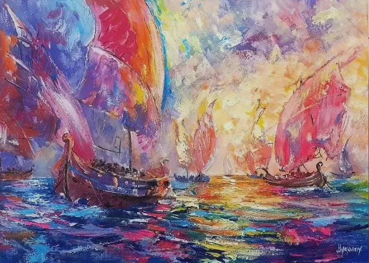 Crimson sails — original impressionist oil painting by Volodymyr Myriyevskyy, 70 × 50 cm (28″ × 20″)