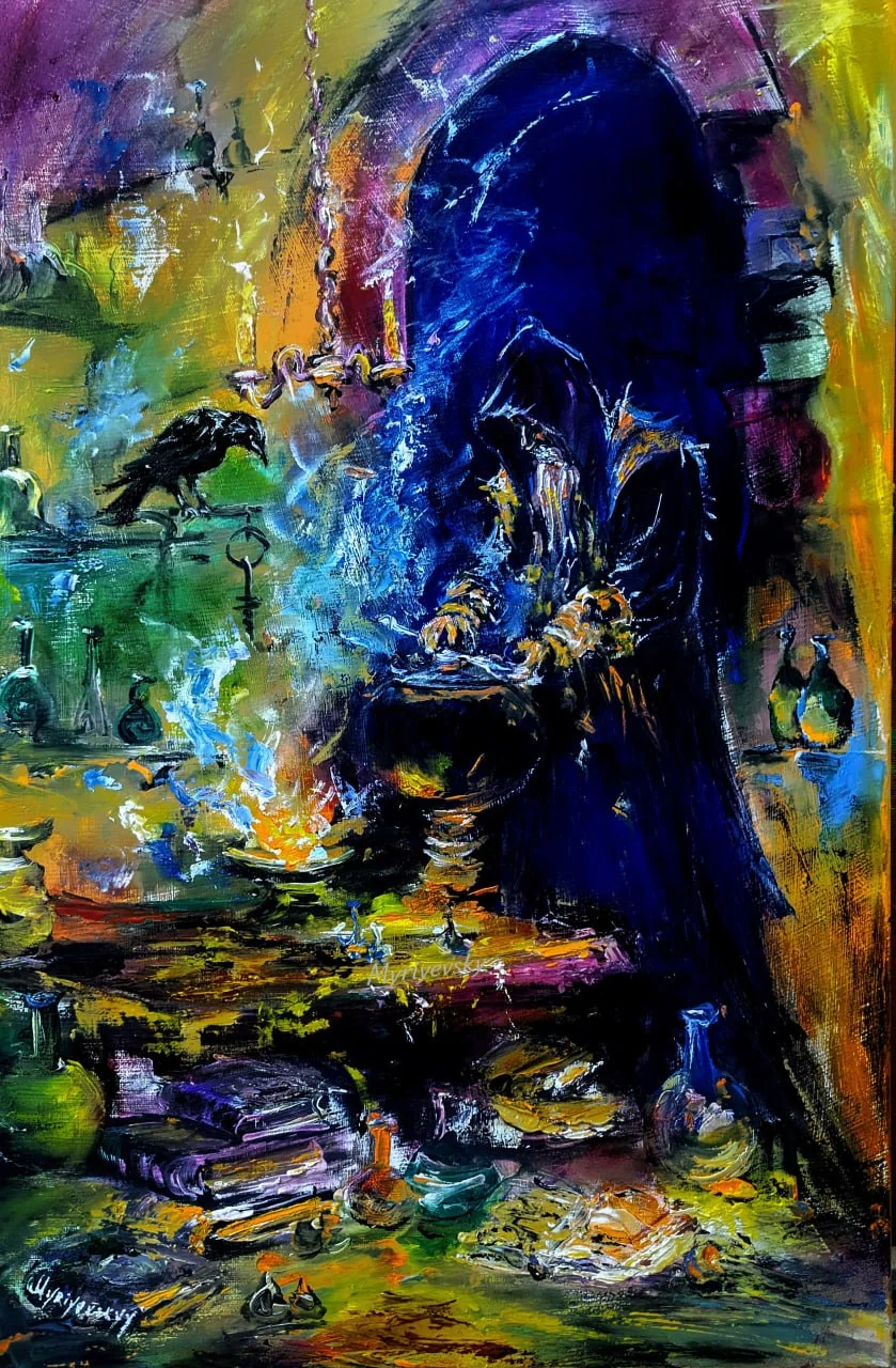 Mystical Alchemist — original impressionist oil painting by Volodymyr Myriyevskyy, 40 × 60 cm (16″ × 24″)