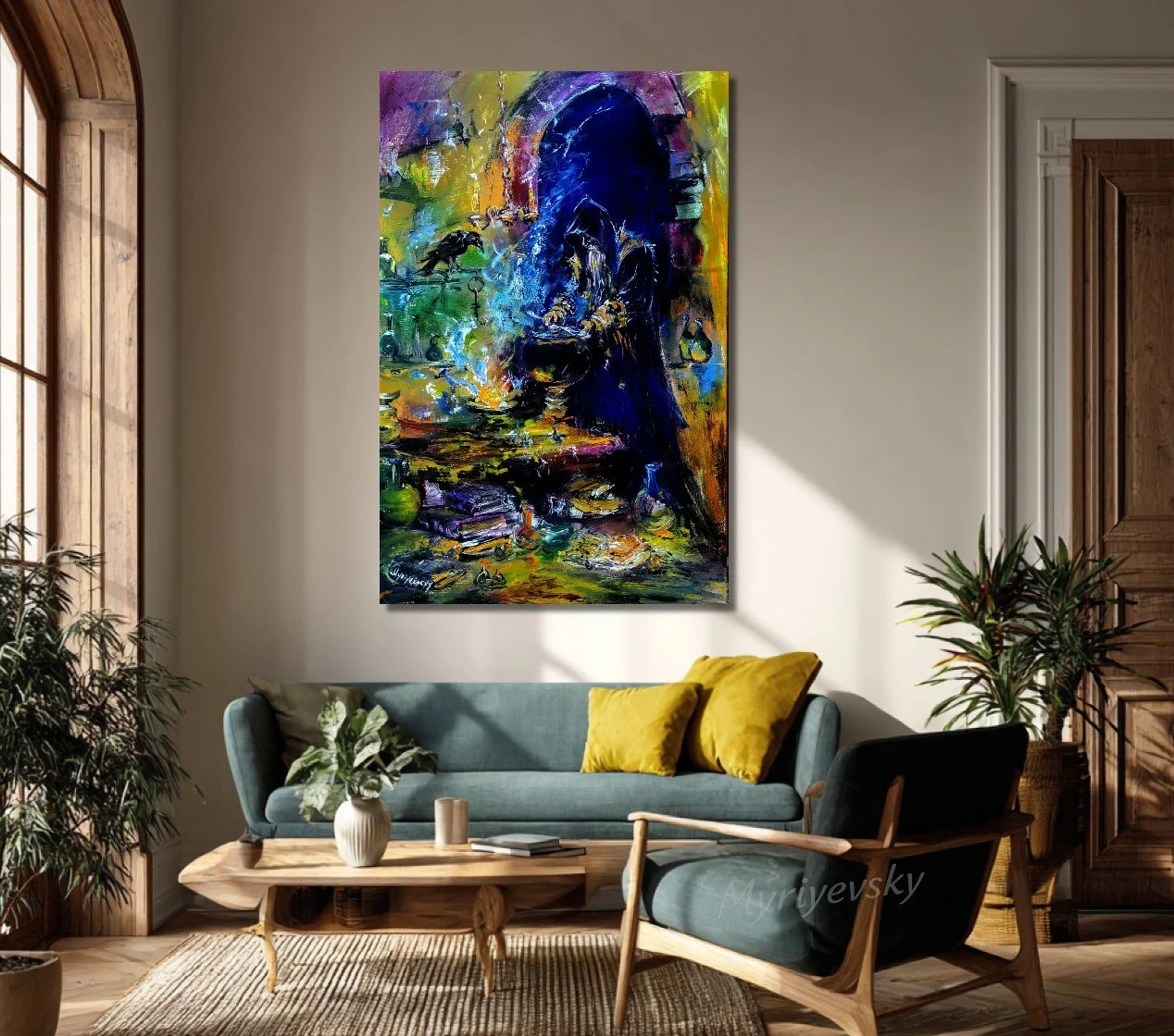 Original oil painting hung above a sofa, showing the usual gallery height in a real living room