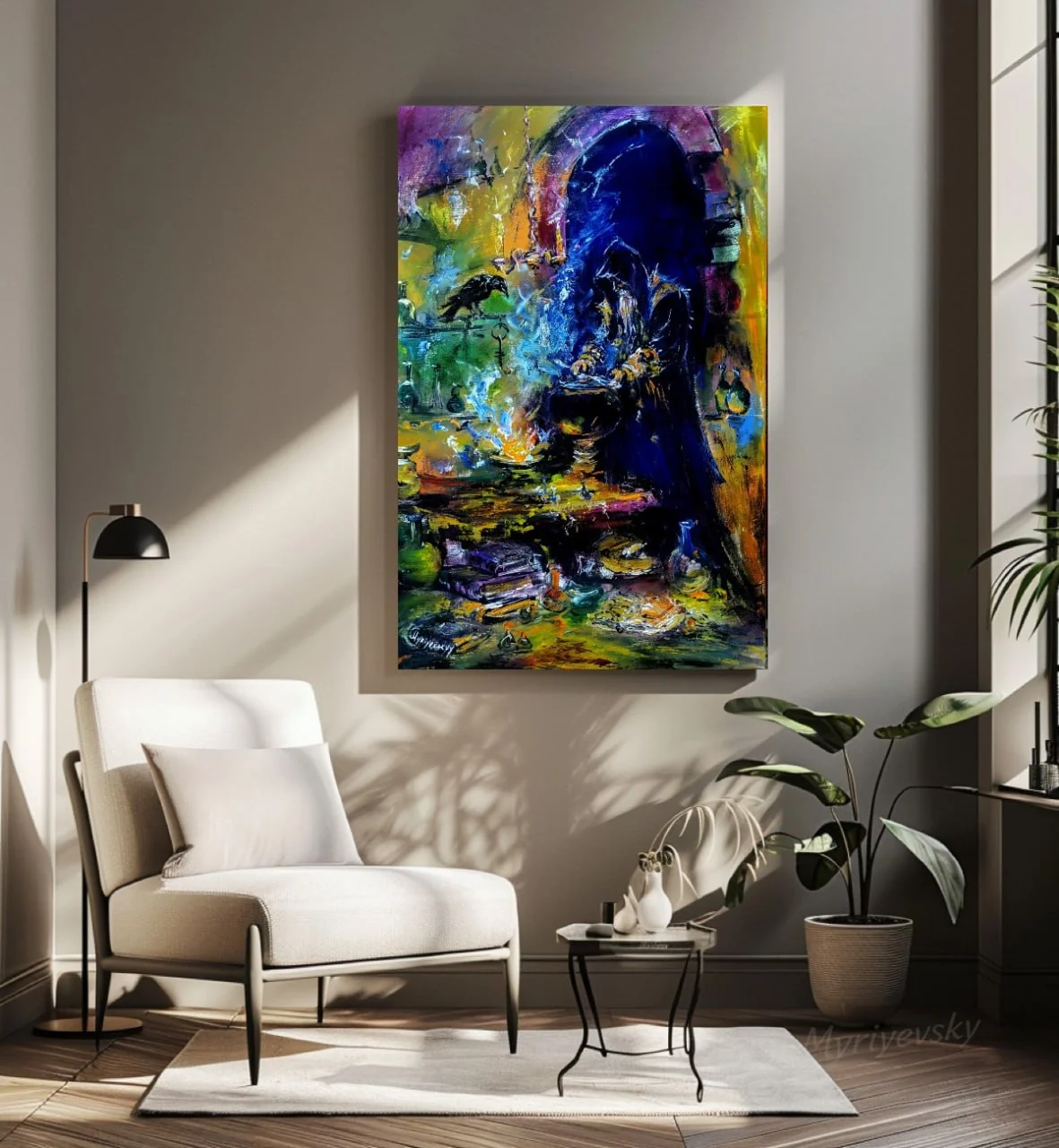 An original oil painting on a living-room wall in indirect daylight, the safest light for a canvas