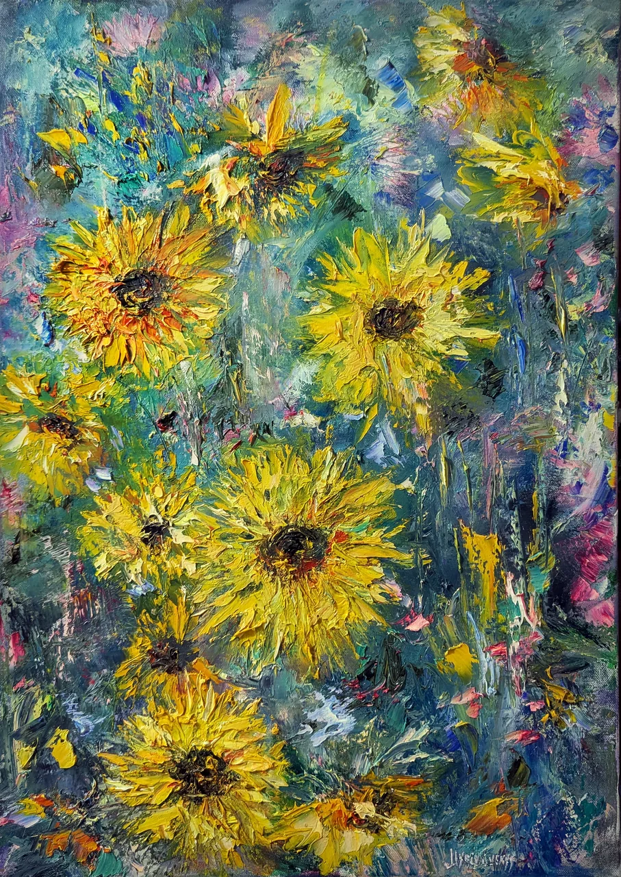Sunflowers in an Abstract Garden — original impressionist oil painting by Volodymyr Myriyevskyy, 50 × 70 cm (20″ × 28″)