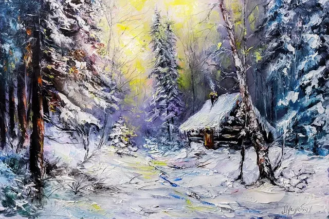Cabin in the Snowbound Forest — original impressionist oil painting by Volodymyr Myriyevskyy, 60 × 40 cm (24″ × 16″)