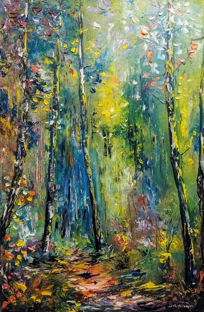 Sunlit Birch Forest Path — original impressionist oil painting by Volodymyr Myriyevskyy, 40 × 60 cm (16″ × 24″)